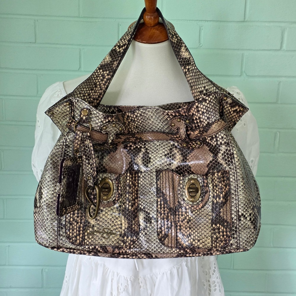 Jessica Simpson Snakeskin Print Hobo Shoulder Bag with Card Holder Brown Purple